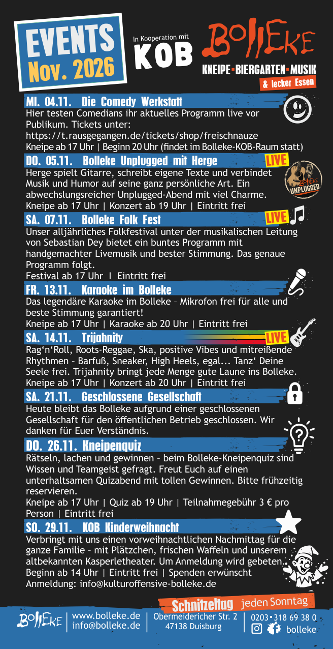 Veranstaltungen, Events im Bolleke im November 2026