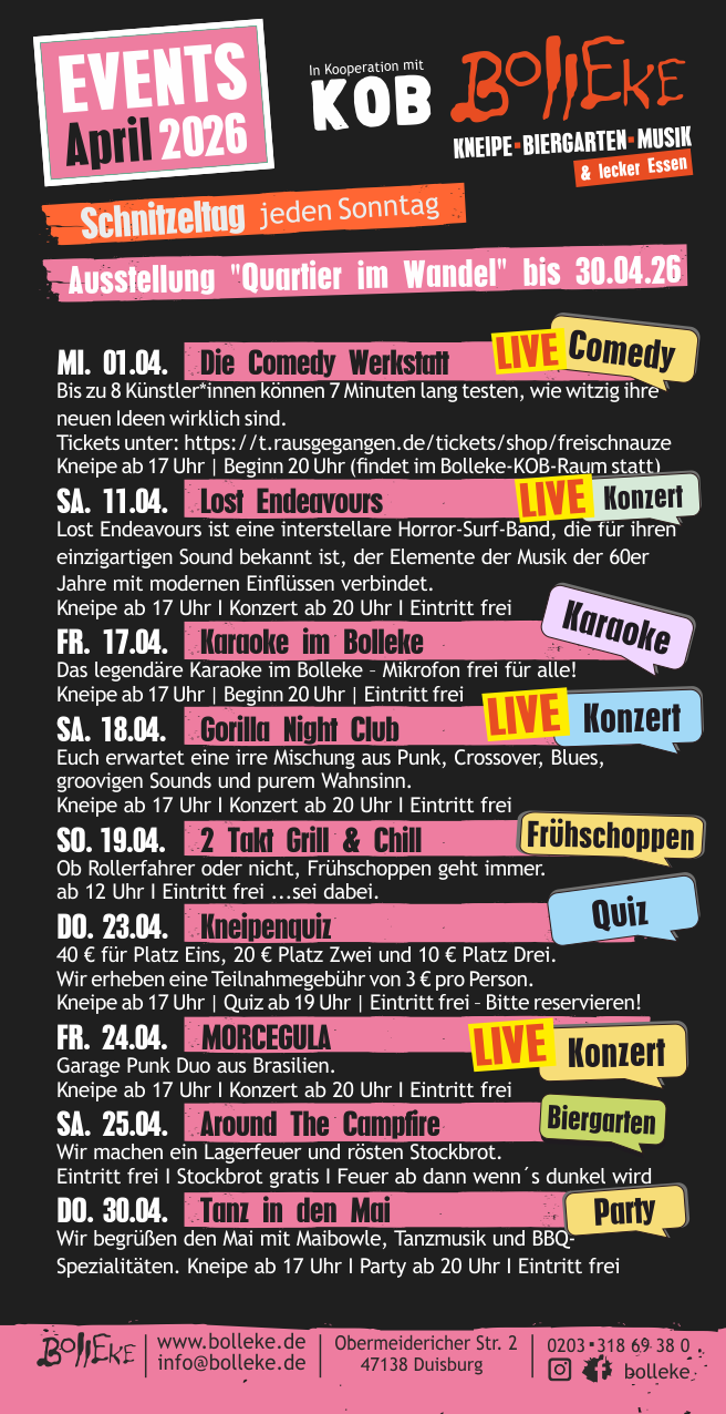 Veranstaltungen, Events im Bolleke im April 2026