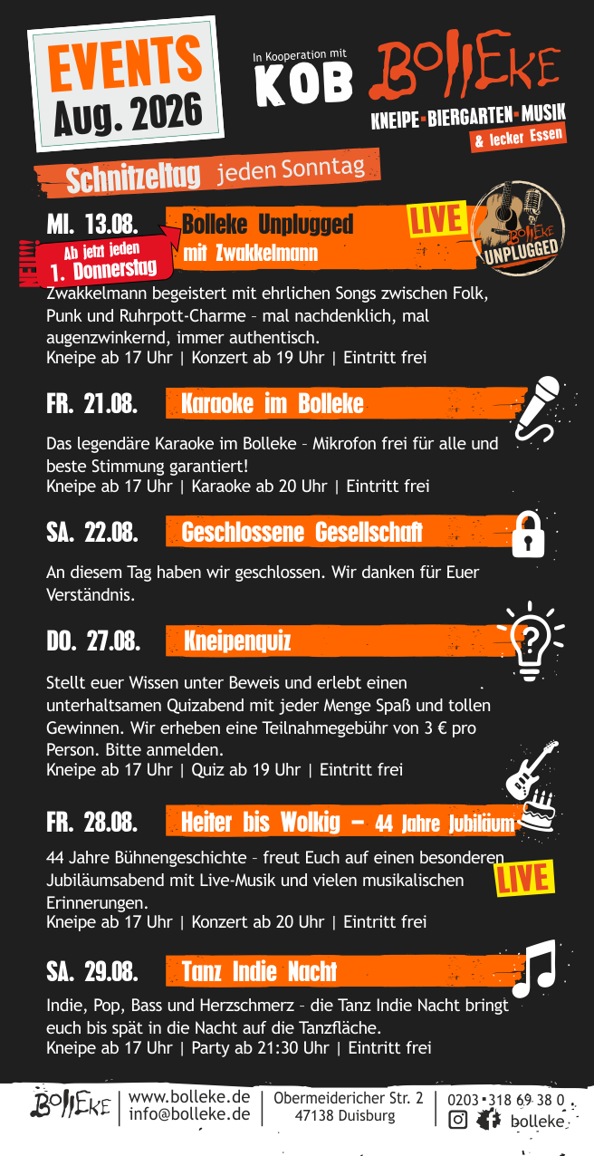 Veranstaltungen, Events im Bolleke im August 2026