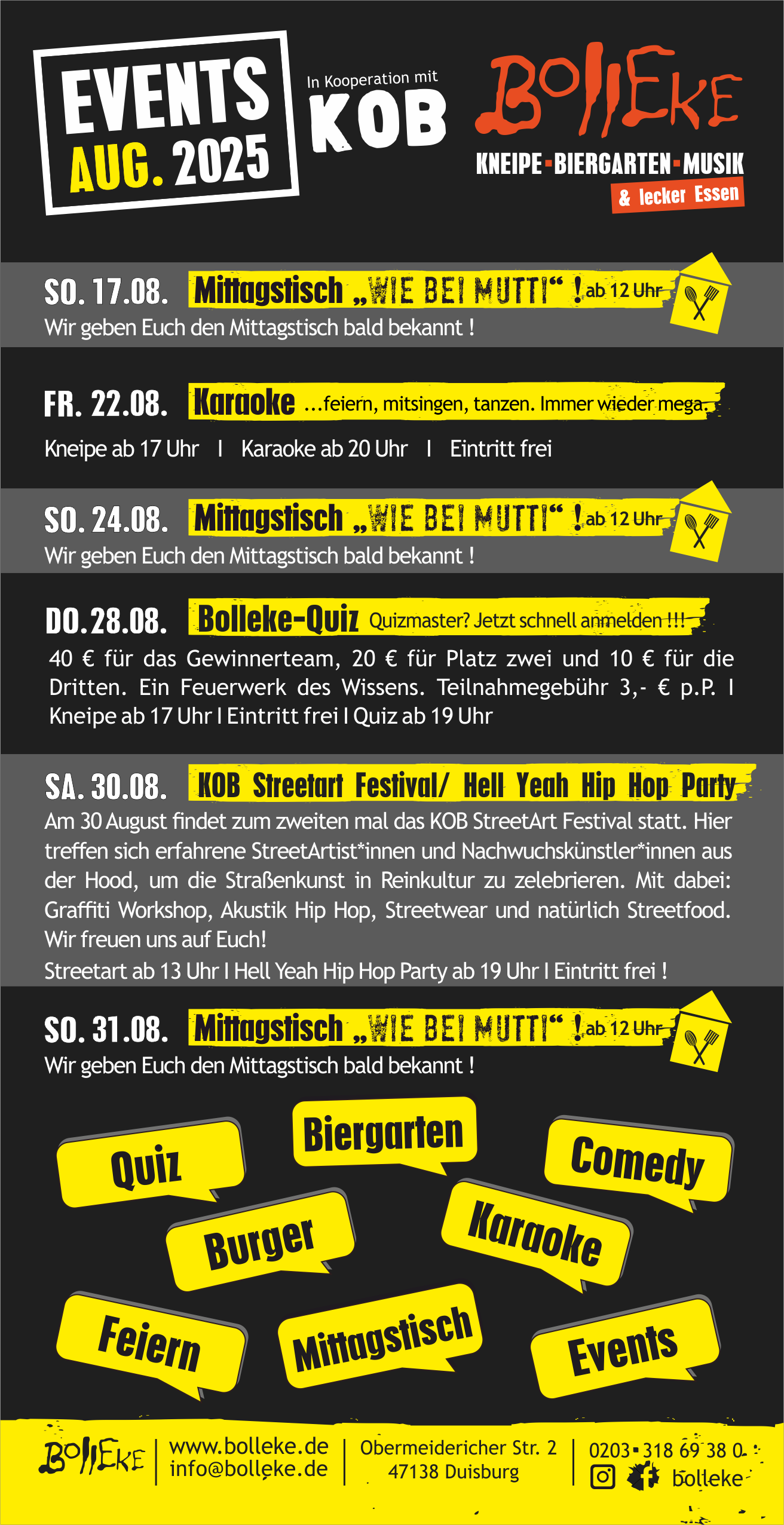 Veranstaltungen, Events im Bolleke im August 2025