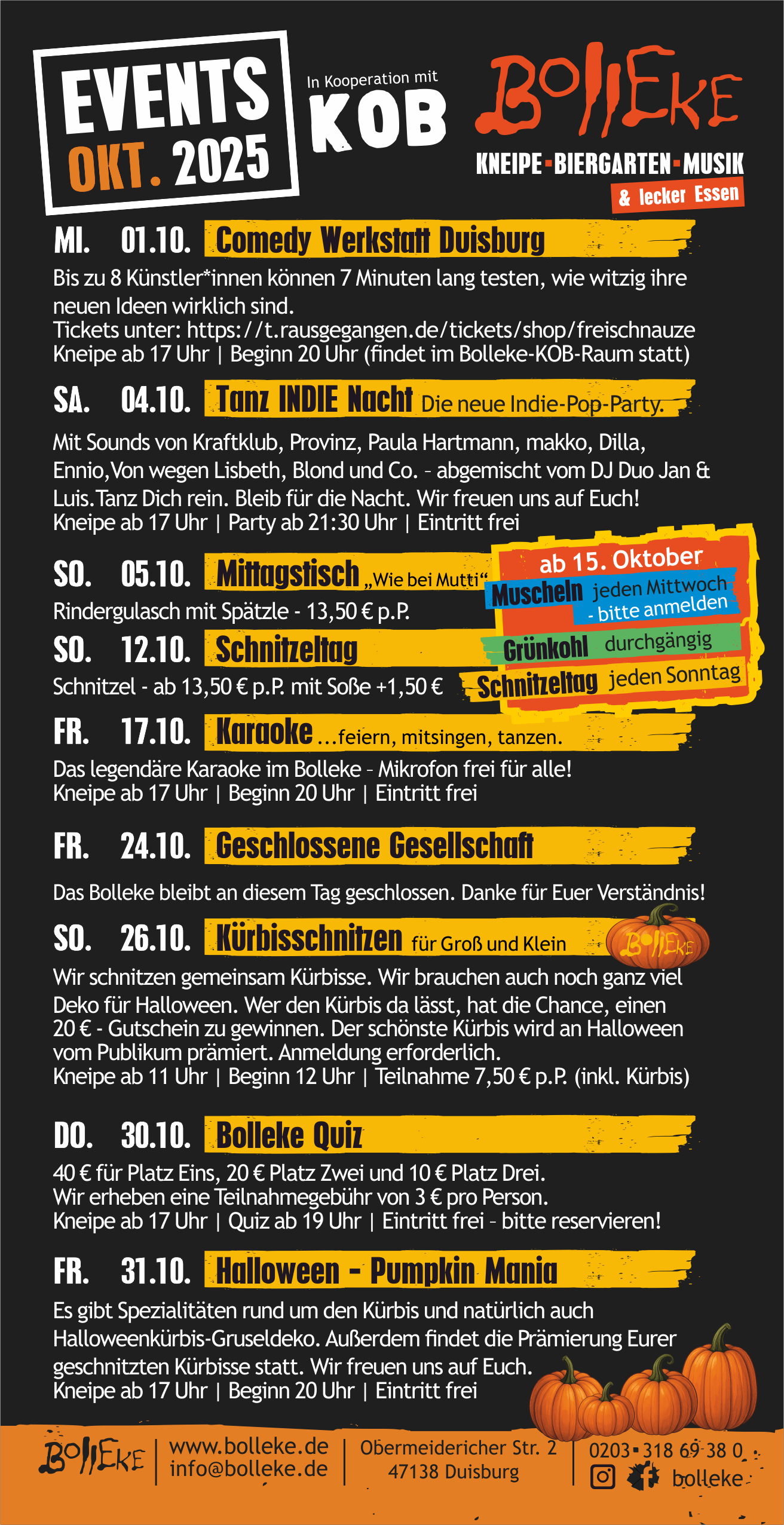 Veranstaltungen, Events im Bolleke im Oktober 2025