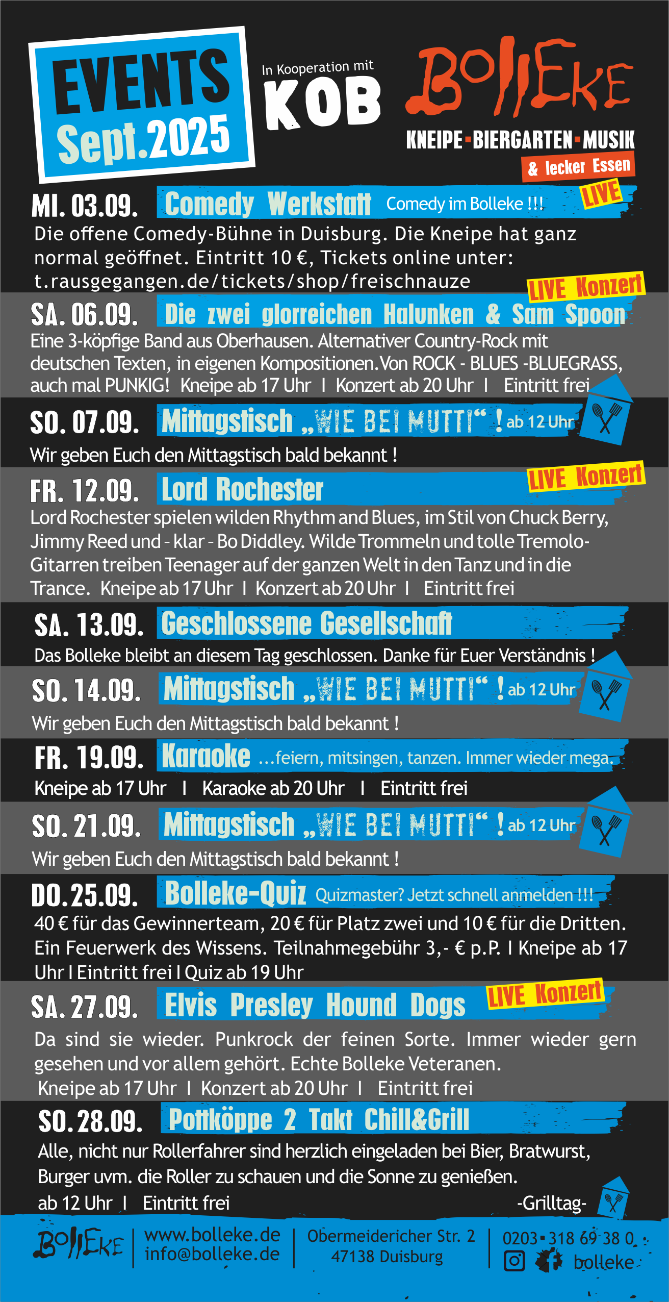 Veranstaltungen, Events im Bolleke im September 2025