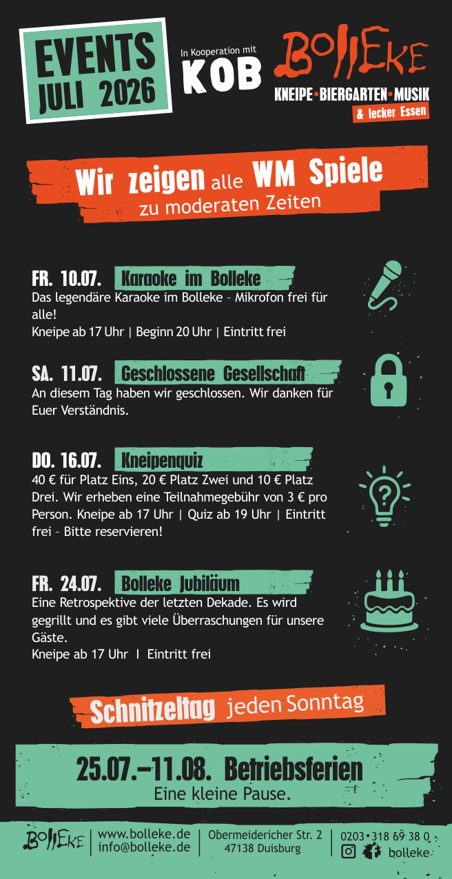 Veranstaltungen, Events im Bolleke im Juli 2026