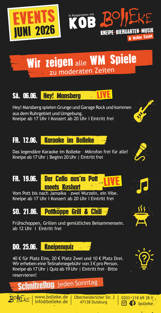 Veranstaltungen, Events im Bolleke im Juni 2026
