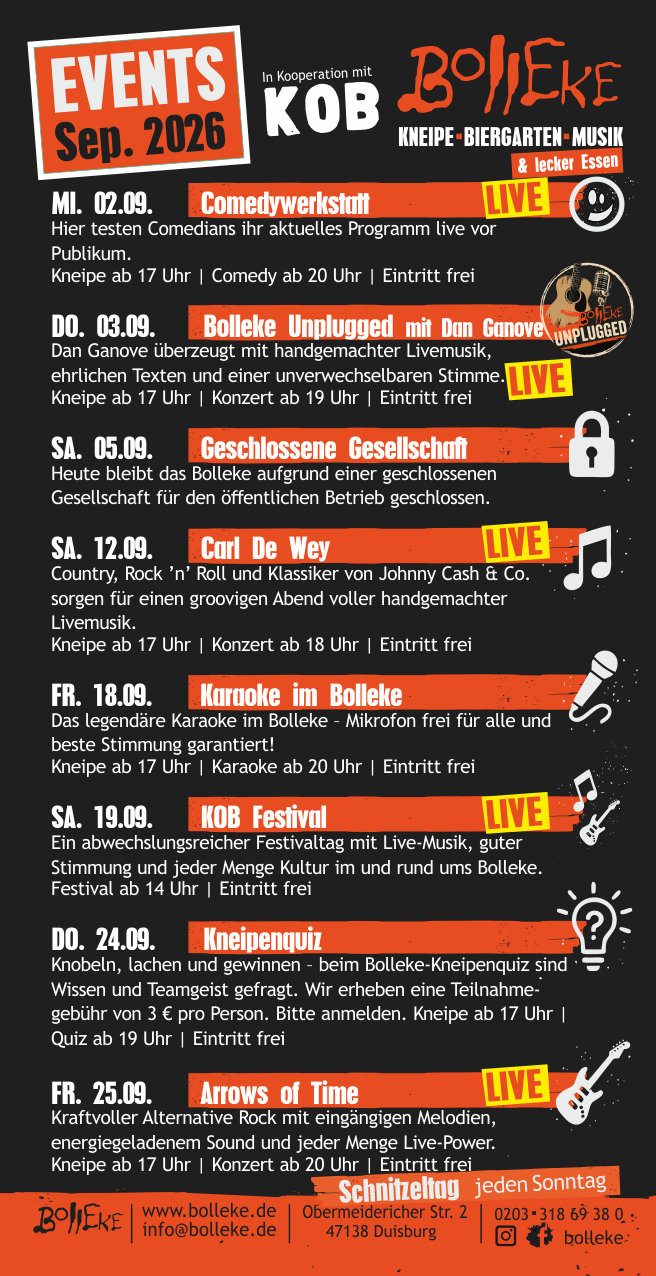 Veranstaltungen, Events im Bolleke im September 2026