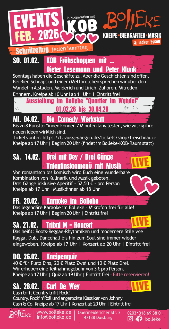 Veranstaltungen, Events im Bolleke im Februar 2026